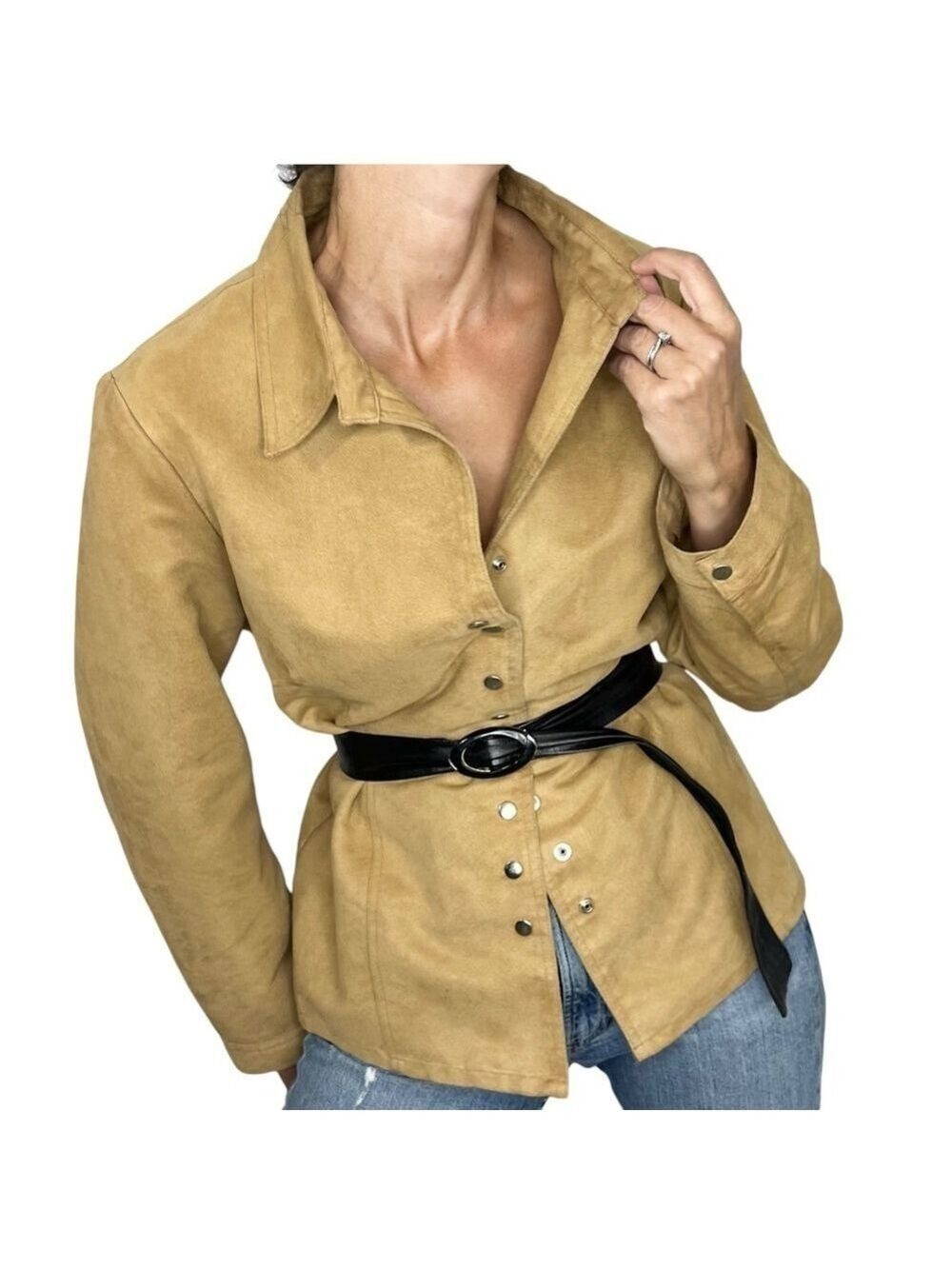 Vintage camel tan faux suede snap front top